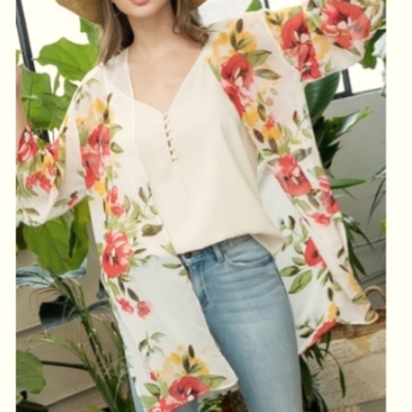 Sweet Lovely by Jen Floral Kimono with Red and Yellow Accents - Picture 1 of 3